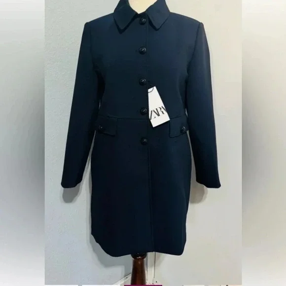 Zara Navy Blue Luxury Lapel Collar Long Sleeves Short Pocket Coat Medium NWT - Picture 4 of 9